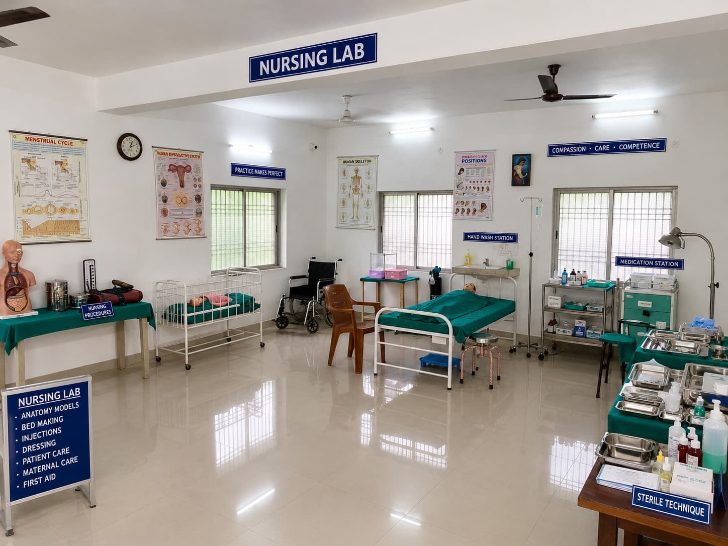 Nursing lab with patient care and procedure stations